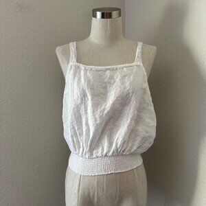 Joie Linen Blouse Sleeveless Square Neck Lace Ribbon Ruched Lightweight Minimali